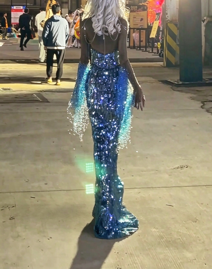 Luxurious Halter Neck Blue Prom Dress Beading Sequins Mermaid Evening Dress GG7943