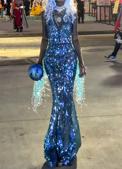 Luxurious Halter Neck Blue Prom Dress Beading Sequins Mermaid Evening Dress GG7943
