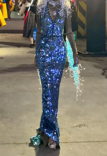 Luxurious Halter Neck Blue Prom Dress Beading Sequins Mermaid Evening Dress GG7943