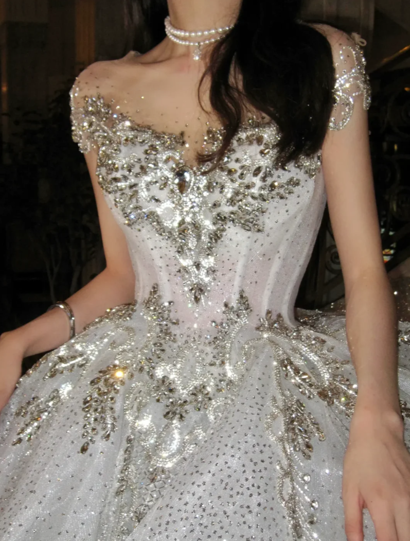 Glittering Off The Shoulder Wedding Dress Beading Sequins A-Line Bridal Dress GG7944