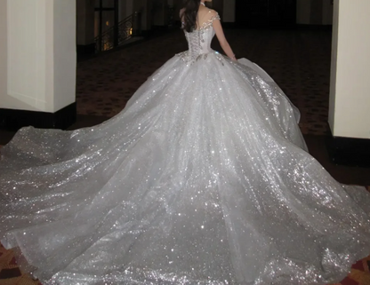 Glittering Off The Shoulder Wedding Dress Beading Sequins A-Line Bridal Dress GG7944