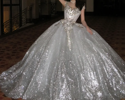 Glittering Off The Shoulder Wedding Dress Beading Sequins A-Line Bridal Dress GG7944