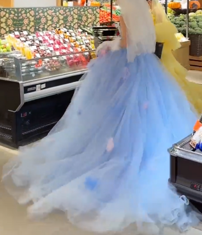 Glam Strapless Blue Prom Dress Green Tulle Flowers A-Line Evening Dress GG7945
