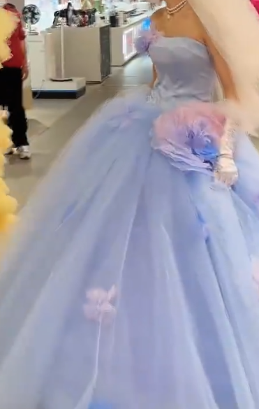 Glam Strapless Blue Prom Dress Green Tulle Flowers A-Line Evening Dress GG7945