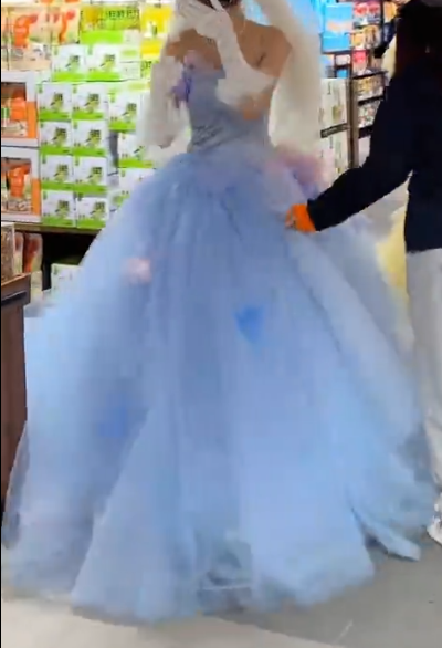 Glam Strapless Blue Prom Dress Green Tulle Flowers A-Line Evening Dress GG7945
