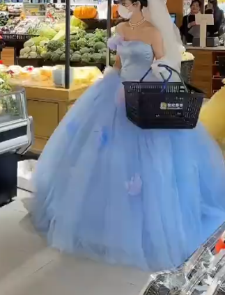 Glam Strapless Blue Prom Dress Green Tulle Flowers A-Line Evening Dress GG7945
