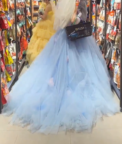 Glam Strapless Blue Prom Dress Green Tulle Flowers A-Line Evening Dress GG7945