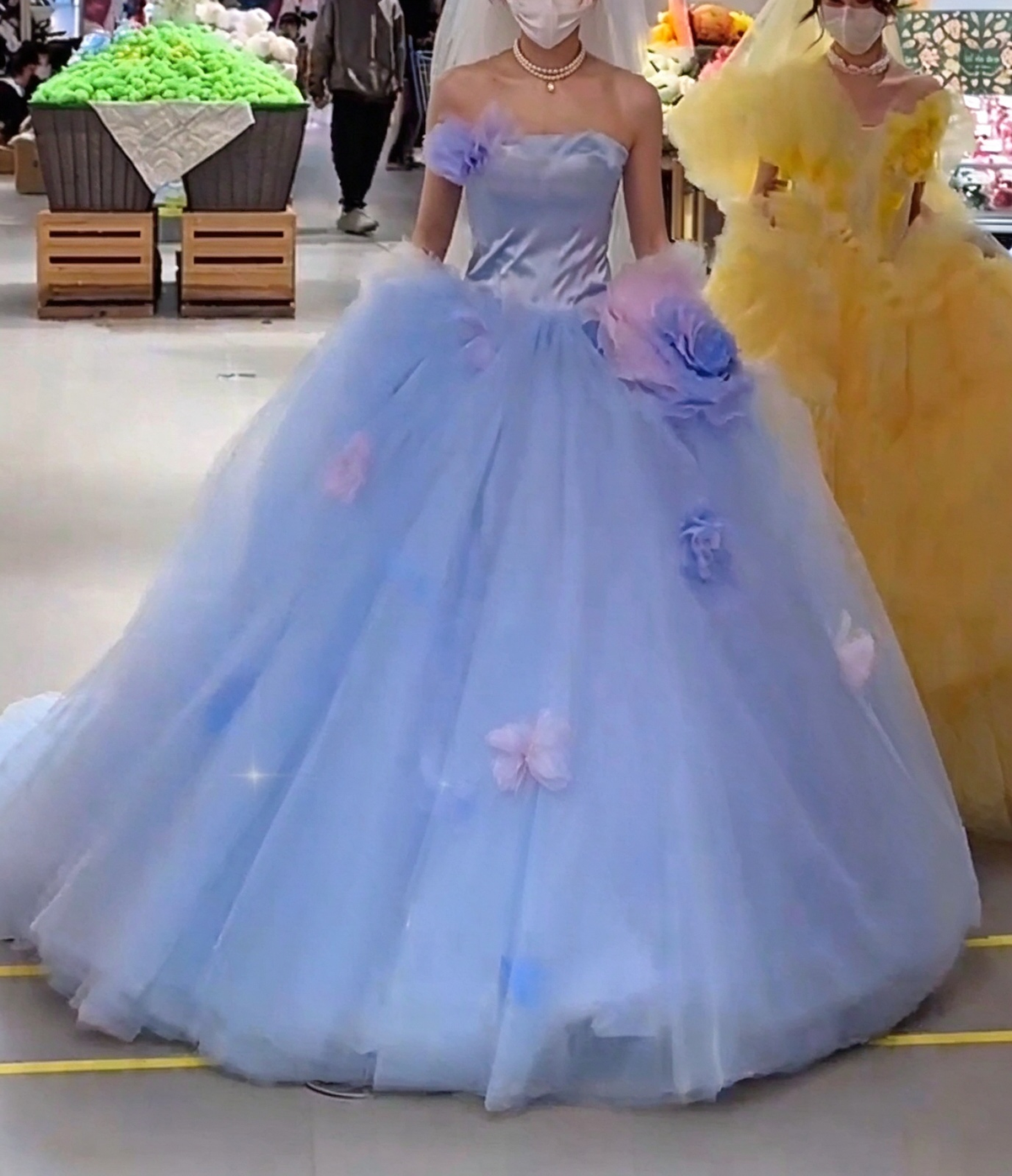Glam Strapless Blue Prom Dress Green Tulle Flowers A-Line Evening Dress GG7945