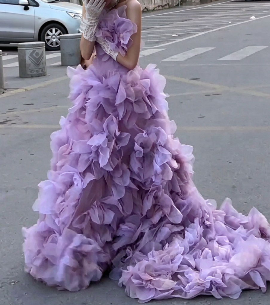 Attractive Strapless Purple Prom Dress Ruffles Handmade Flowers A-Line Evening Dress GG7947