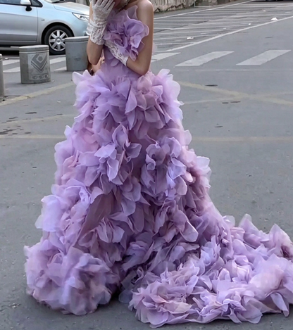 Attractive Strapless Purple Prom Dress Ruffles Handmade Flowers A-Line Evening Dress GG7947