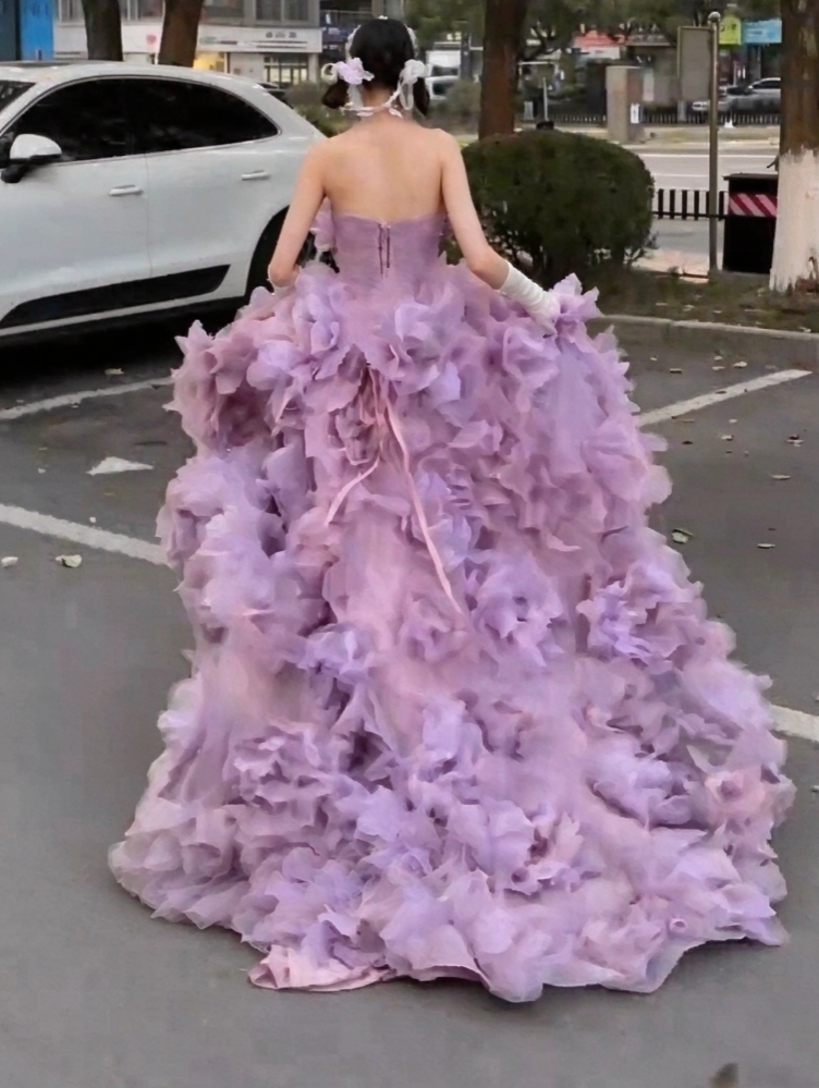 Attractive Strapless Purple Prom Dress Ruffles Handmade Flowers A-Line Evening Dress GG7947