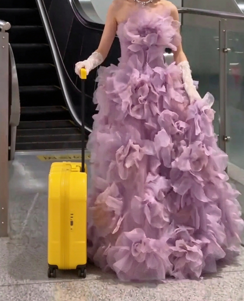 Attractive Strapless Purple Prom Dress Ruffles Handmade Flowers A-Line Evening Dress GG7947