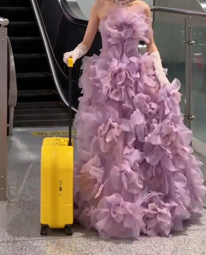 Attractive Strapless Purple Prom Dress Ruffles Handmade Flowers A-Line Evening Dress GG7947