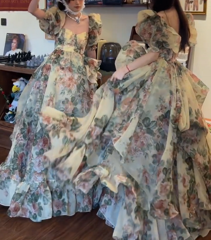 Vintage Square Neck Prom Dress Floral Short Sleeve Ruffles A-Line Evening Dress GG7948