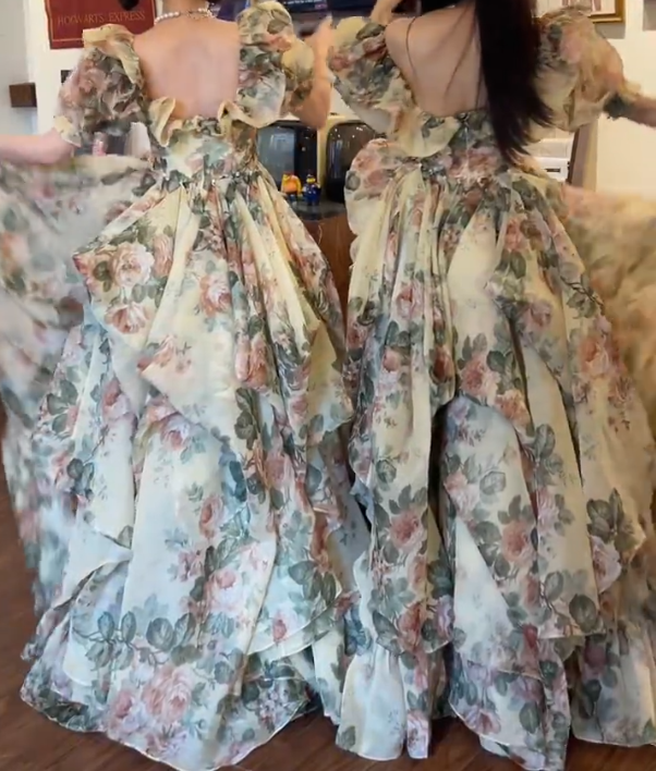 Vintage Square Neck Prom Dress Floral Short Sleeve Ruffles A-Line Evening Dress GG7948