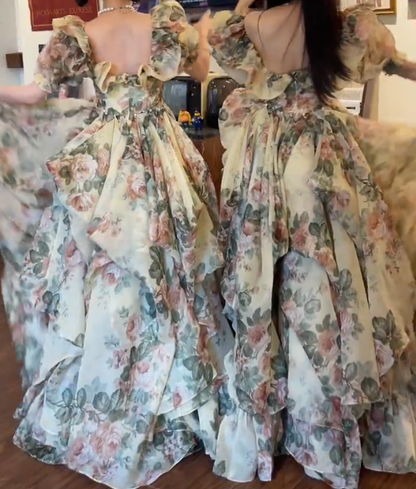 Vintage Square Neck Prom Dress Floral Short Sleeve Ruffles A-Line Evening Dress GG7948
