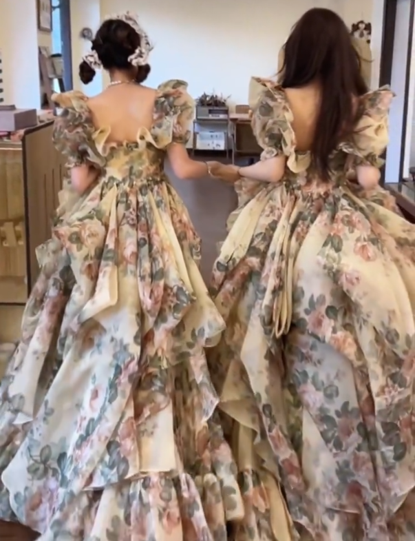 Vintage Square Neck Prom Dress Floral Short Sleeve Ruffles A-Line Evening Dress GG7948