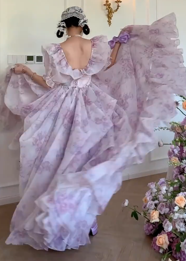 Flowy Square Neck Floral Prom Dress Purple Short Sleeve Ruffles A-Line Evening Dress GG7949