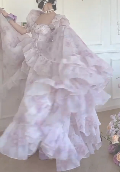 Flowy Square Neck Floral Prom Dress Purple Short Sleeve Ruffles A-Line Evening Dress GG7949