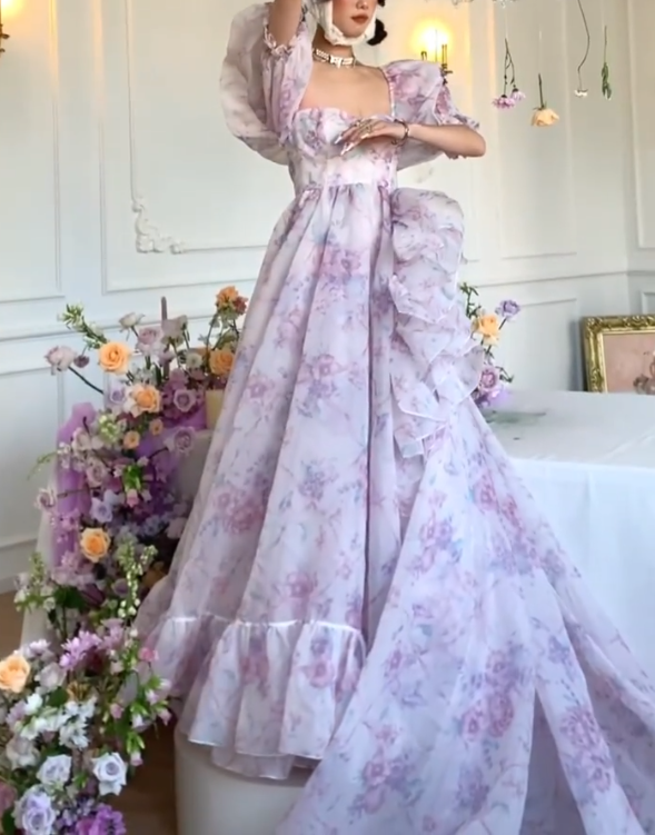 Flowy Square Neck Floral Prom Dress Purple Short Sleeve Ruffles A-Line Evening Dress GG7949