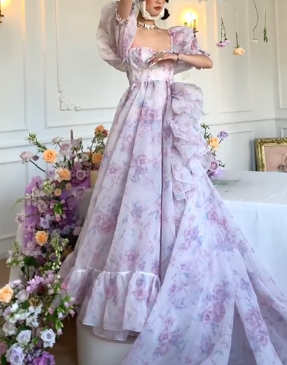 Flowy Square Neck Floral Prom Dress Purple Short Sleeve Ruffles A-Line Evening Dress GG7949