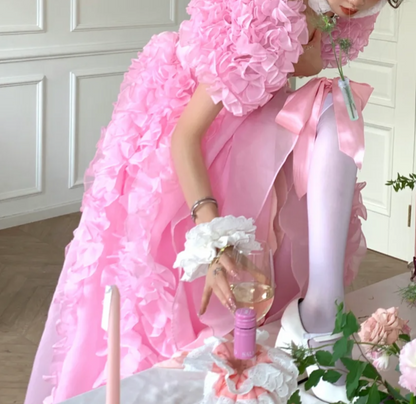 Y2K Square Neck Pink Prom Dress Ruffles Short Sleeve A-Line Evening Dress GG7950