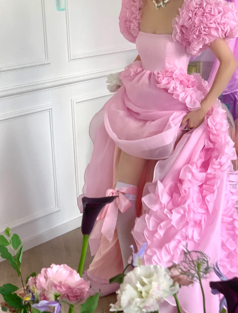 Y2K Square Neck Pink Prom Dress Ruffles Short Sleeve A-Line Evening Dress GG7950