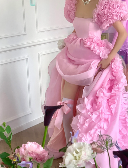 Y2K Square Neck Pink Prom Dress Ruffles Short Sleeve A-Line Evening Dress GG7950