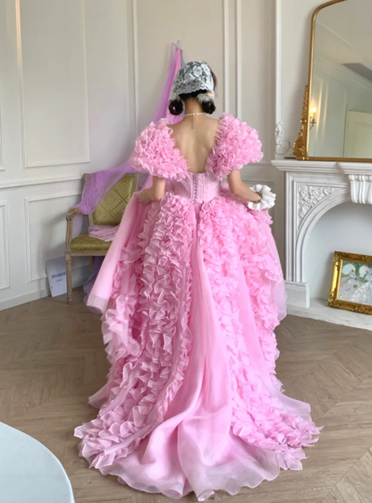 Y2K Square Neck Pink Prom Dress Ruffles Short Sleeve A-Line Evening Dress GG7950