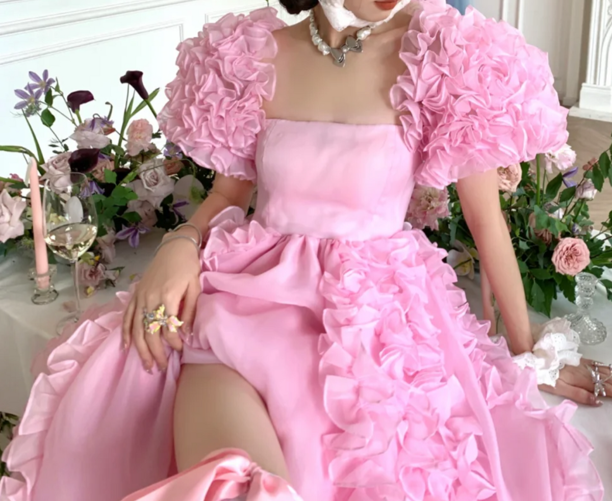 Y2K Square Neck Pink Prom Dress Ruffles Short Sleeve A-Line Evening Dress GG7950
