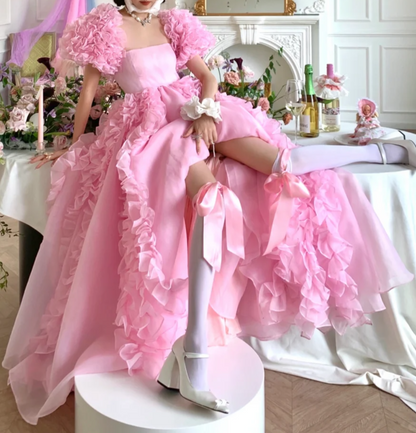 Y2K Square Neck Pink Prom Dress Ruffles Short Sleeve A-Line Evening Dress GG7950