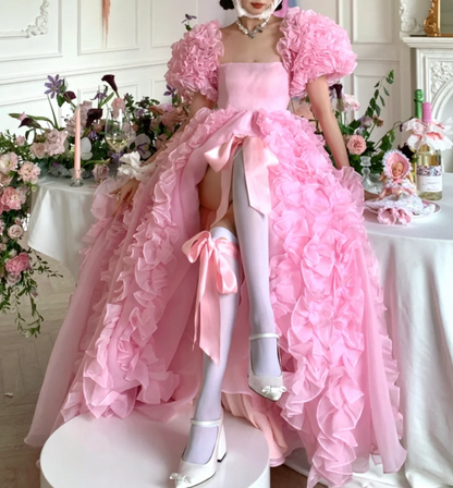 Y2K Square Neck Pink Prom Dress Ruffles Short Sleeve A-Line Evening Dress GG7950