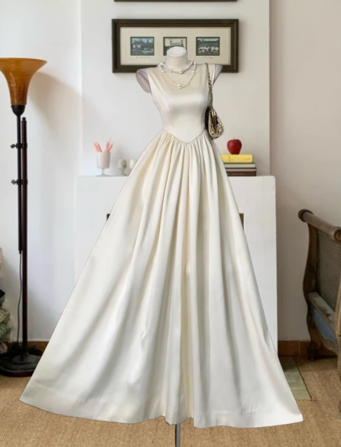 Classical Jewel Neck White Prom Dress Sleeveless Satin A-Line Evening Dress GG7951