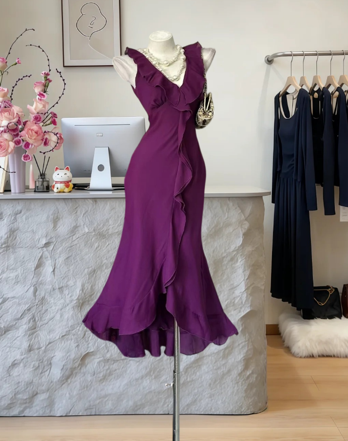 Vintage V Neck Purple Prom Dress Ruffles Mermaid Evening Dress GG7952