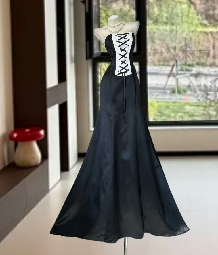Retro Strapless Black Prom Dress Lace-Up Mermaid Evening Dress GG7953