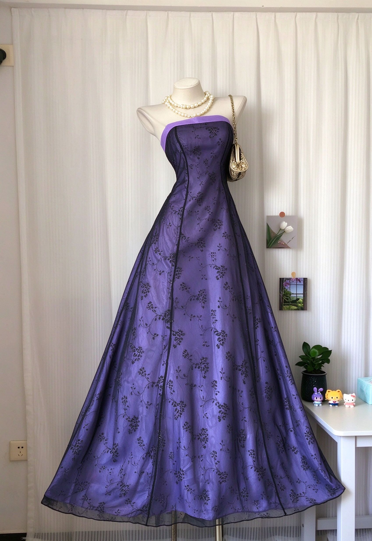 Attractive Strapless Purple Prom Dress Lace Tulle Satin A-Line Evening Dress GG7955