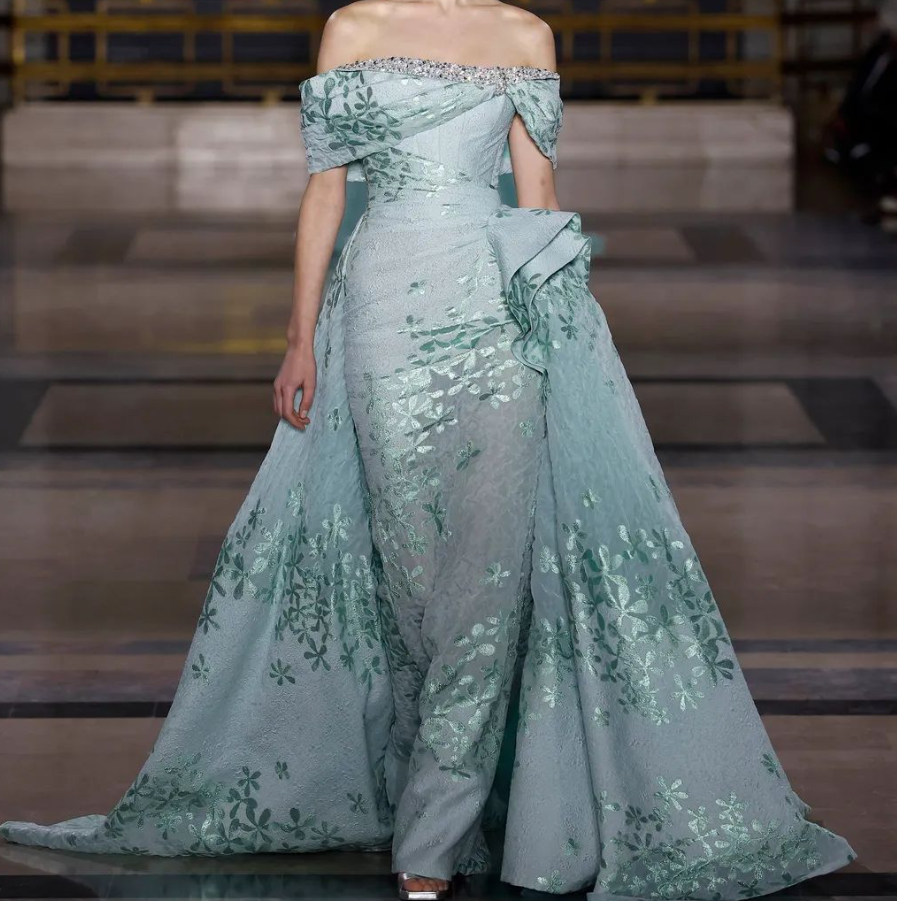 Fascinating Off The Shoulder Prom Dress Green Sequins Jacquard Sheath Evening Dress GG7960