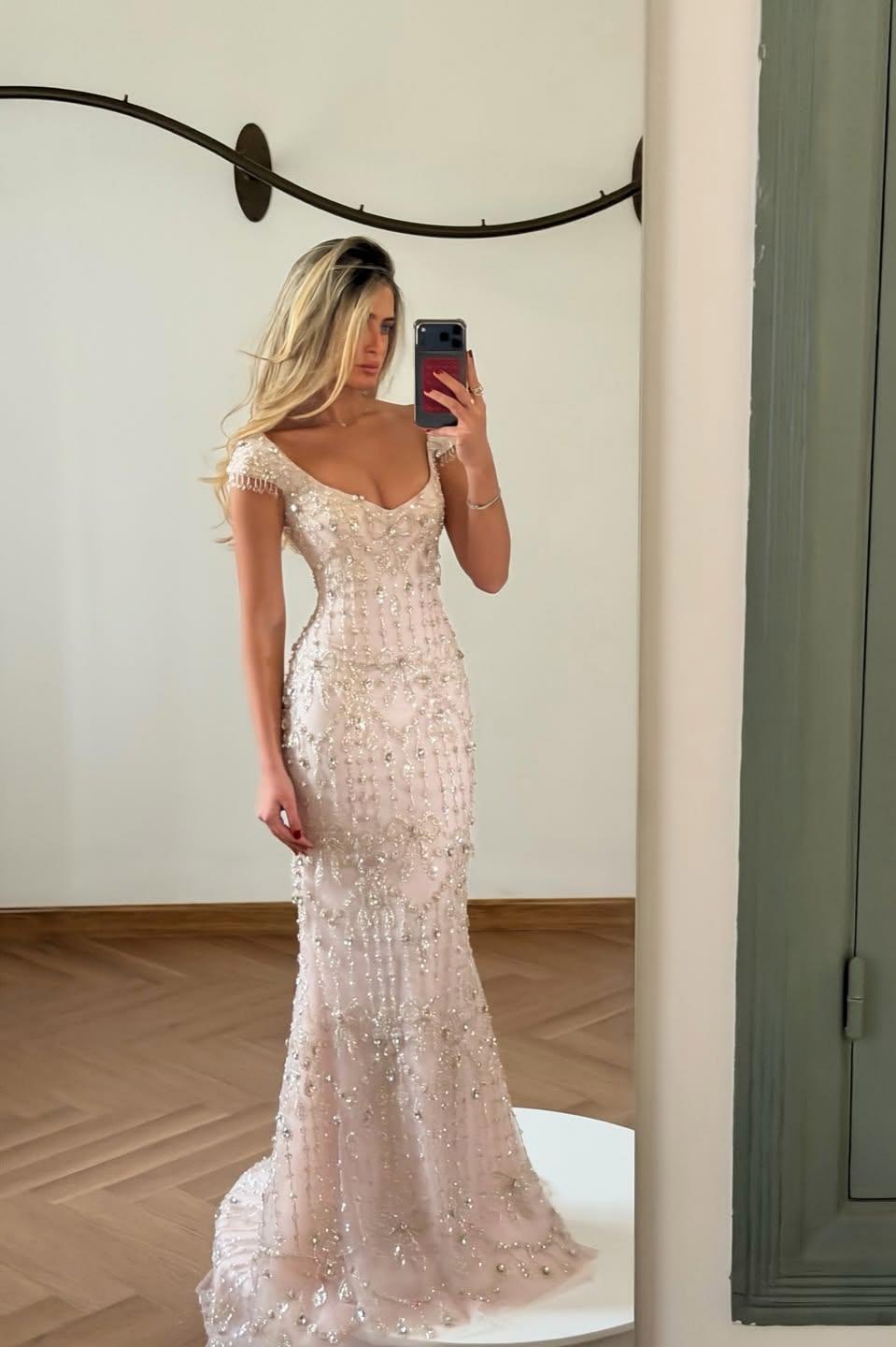 Sexy U Neck Tassel Prom Dress Pink Beading Mermaid Evening Dress GG7962