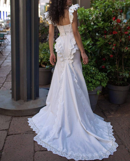 Classical Square Neck Slit Wedding Dress Ruffles Mermaid Bridal Dress GG7963