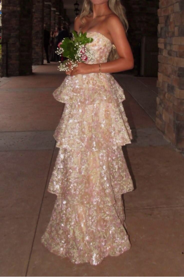 Charming Strapless Pink Prom Dress Sequins Tiered A-Line Evening Dress GG7964