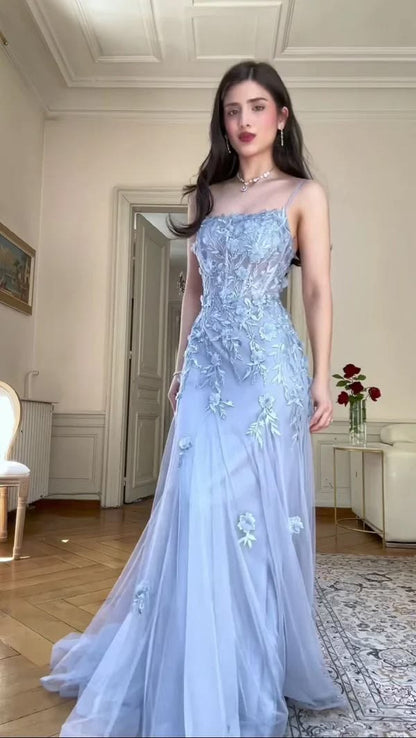 Lovely Spaghetti Straps Blue Prom Dress Appliques Tulle Mermaid Evening Dress GG7966