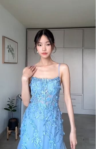 Lovely Spaghetti Straps Blue Prom Dress Appliques Tulle Mermaid Evening Dress GG7966