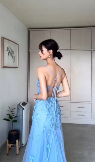 Lovely Spaghetti Straps Blue Prom Dress Appliques Tulle Mermaid Evening Dress GG7966