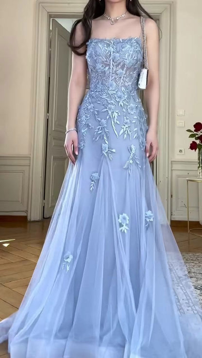 Lovely Spaghetti Straps Blue Prom Dress Appliques Tulle Mermaid Evening Dress GG7966