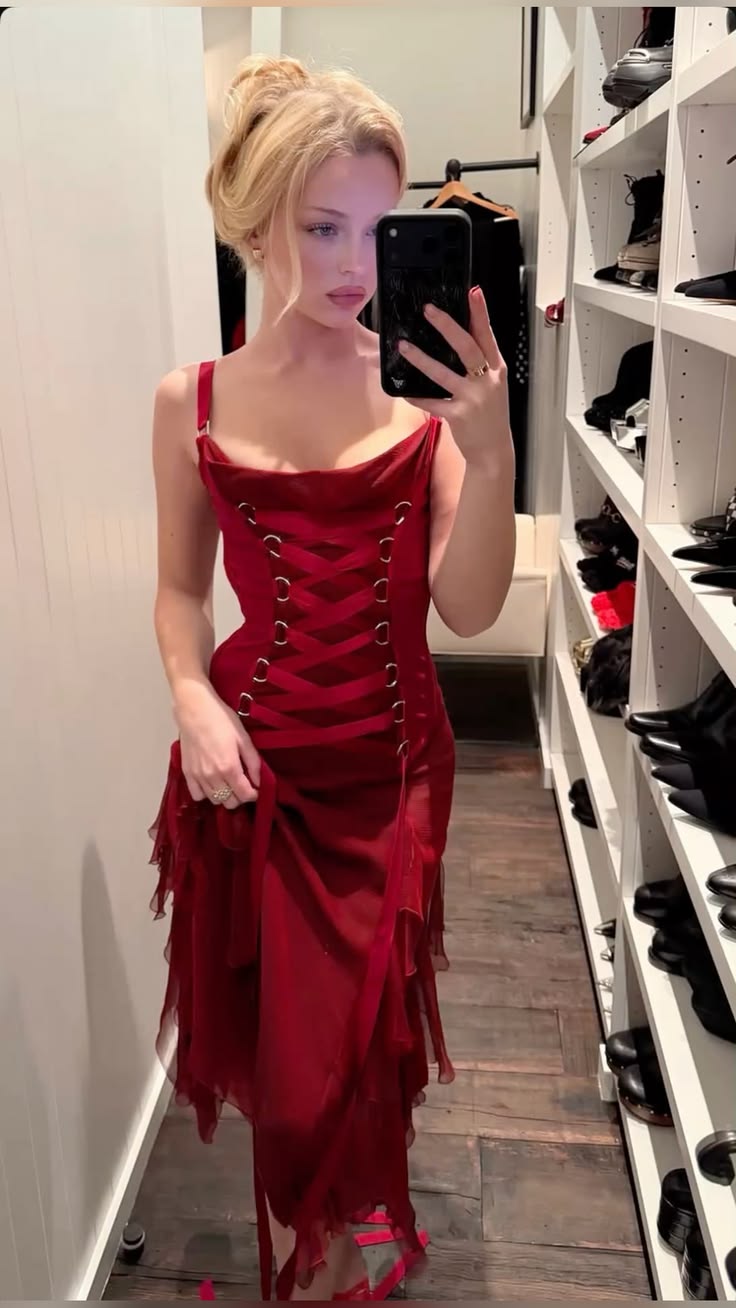 Unique Spaghetti Straps Prom Dress Red Lace-Up Sheath Evening Dress GG7967