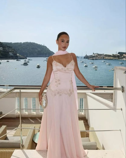 Alluring Strapless Pink Prom Dress Beading Satin A-Line Evening Dress GG7969