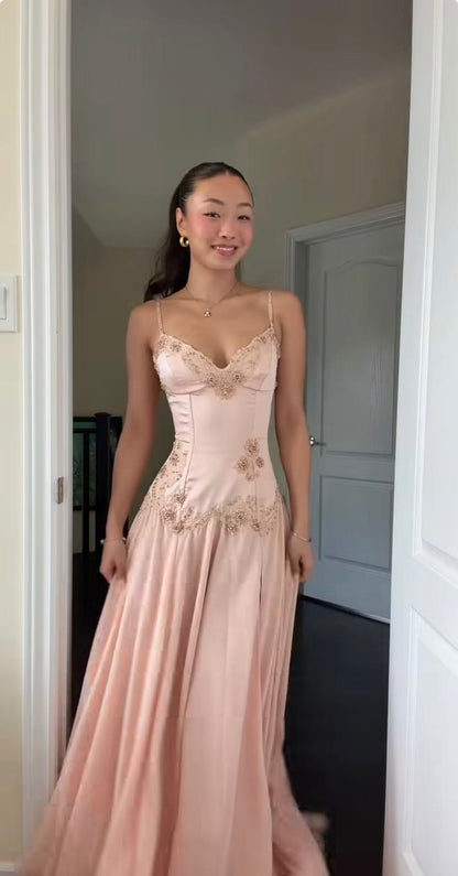 Alluring Strapless Pink Prom Dress Beading Satin A-Line Evening Dress GG7969