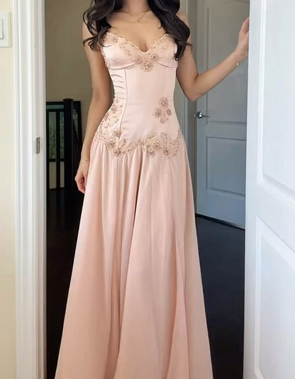 Alluring Strapless Pink Prom Dress Beading Satin A-Line Evening Dress GG7969