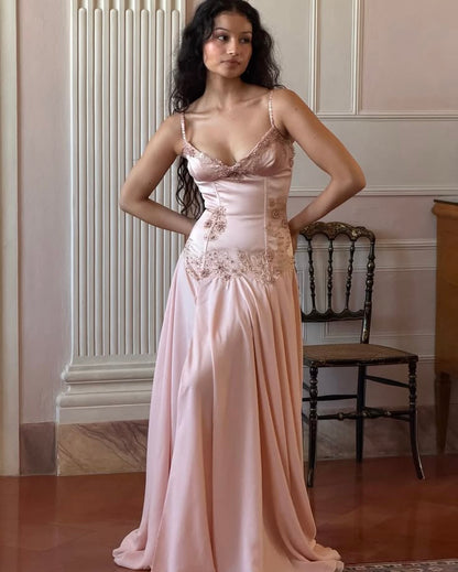 Alluring Strapless Pink Prom Dress Beading Satin A-Line Evening Dress GG7969