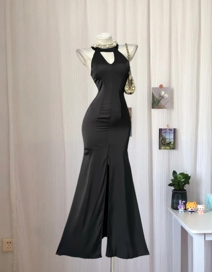 Simple Halter Neck Prom Dress Black Slit Mermaid Evening Dress GG7971